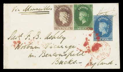 1859 (Feb.) envelope from Jaffna to England, marked Via Marseilles, bearing 1d. deep turquoise-blue, 2d. green and 6d. purple-brown, each with margins all round, lightly
cancelled by oval of bars, showing London Paid c.d.s. (16.3) and, on r