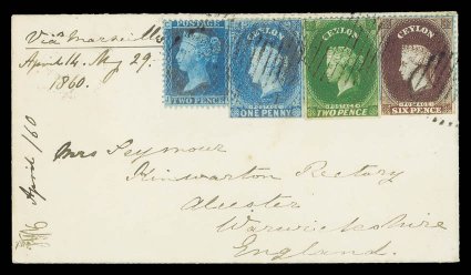 1859 (May) envelope from Galle to England, marked Via Marseilles, bearing 1d. deep turquoise-blue, 2d. green and 6d. purple-brown, each with margins all round (the 6d. shaved
at foot), affixed over three GB stamps (another 2d. showing at le