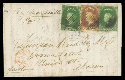 1859 (18 May) entire letter from Matale to Aberdeen, marked by Marseilles, bearing 2d. green (2, both with margins all round) and 5d. chestnut (touched at upper right, each
clearly cancelled, showing red London Paid transit d.s. (9.6) with,