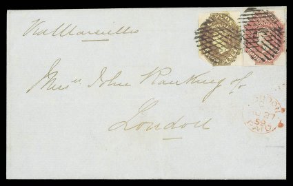 1859 (27 July) double rate entire from Colombo to London, marked Via Marseilles, bearing 4d. dull rose (large margins on three sides, outer frame-line just cut-into towards
upper right) and 8d. brown (large margins on three sides, just cut-