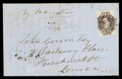 1859 (16 Aug.) entire letter from Kandy to London, marked by Marseilles, bearing 9d. purple-brown showing portion of adjoining stamp at foot, outer frameline touched at left,
affixed inverted and tied by oval of bars, showing red arrival c.