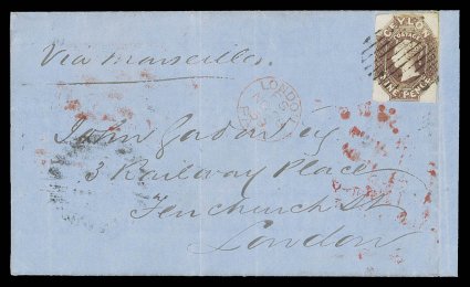 1859 (29 Oct.) entire from Kandy to London, marked Via Marseilles, bearing 9d. purple-brown with margins on two sides, clearly tied by oval of bars, showing red arrival
datestamp (28.11) with, on reverse, legible kandypost-paid in re