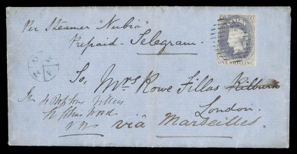 1860 (2 Mar.) double rate entire from Galle to London and redirected locally, marked Per Steamer Nubia, Prepaid Telegram and via Marseilles, bearing 1- slate-violet with good
to large margins, neatly tied by oval of bars, showing Lon