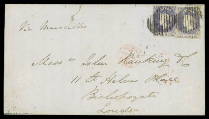 1860 (26 June) quadruple rate entire from Colombo to London, marked Via Marseilles, bearing 1- slate-violet (2, both with margins in places), clearly tied by oval of bars and
showing, on reverse across join, colombopost-paid datesta