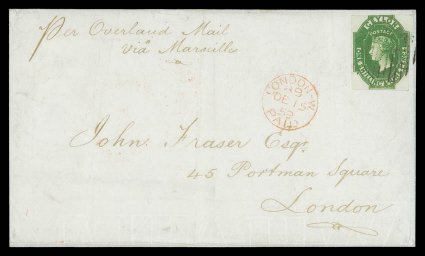 1859 (15 Nov.) entire from Colombo to London, marked Per Overland Mail via Marseilles, bearing 19d. deep green with margins in places, neatly cancelled and tied, showing red
arrival c.d.s. (15.12) and, on reverse, colombopost-paid d