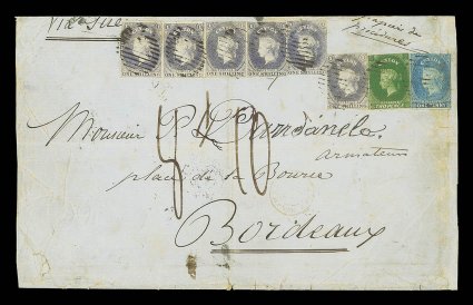 1860 (1 Dec.) wrapper (214x133mm.) from Galle to Bordeaux, marked Via Suez and papiers de procedures, bearing 1d. deep turquoise-blue. 2d. yellowish green and 1- slate-violet
(6), all with margins in places, each cancelled by oval of