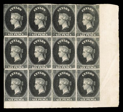 6d. in black, a lower right corner block of twelve (4x3) with one showing re-entry, slightly creased otherwise very fine. provenance: Baron de Worms, June 1938