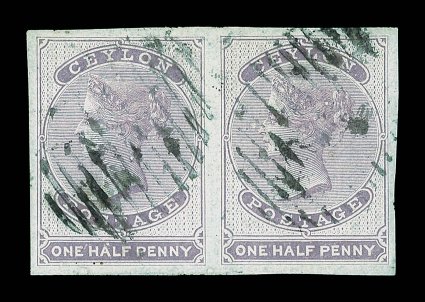 Reddish lilac horizontal pair, large margins, cancelled by oval of bars a few tiny surface abrasions as usual and trace of thins at top, otherwise fine. Sc. 15 S.G. 16, £1100.
provenance: R.C. Agabeg, May 1982