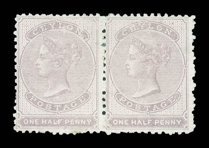 Dull mauve horizontal pair, unused with part original gum two lightly foxed perfs and light horizontal crease at foot, none of which significantly affects fine appearance.
R.P.S. Certificate (2007). Sc. 38 S.G. 18, £450.
