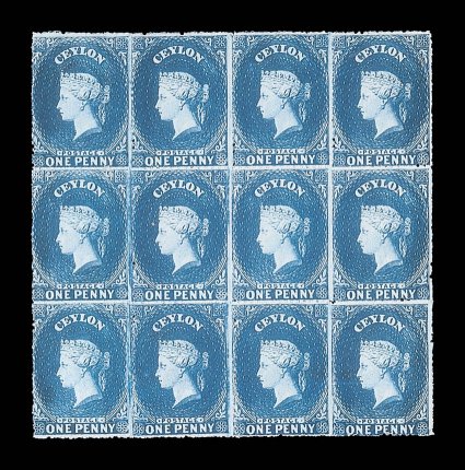 1d. dull blue, a block of twelve (4x3) with one showing re-entry, unused with large part original gum, six creased but wonderfully centered and of superb appearance. R.P.S.
Certificate (2002) states lower left stamp slightly defective. Sc. 25