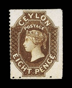 8d. brown, unused without gum, good color, traces of perforations at top and at right, fine. A presentable example of this rare stamp. B.P.A. Certificate (1989). Sc. 29 S.G.
32, £1500.