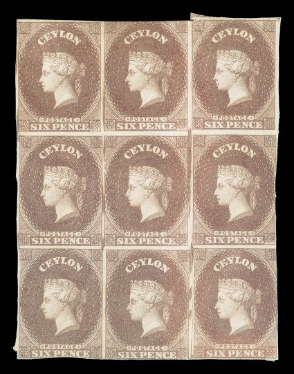 State II: 6d. purple-brown block of nine [135-137147-149159-161] on unwatermarked paper with margins in places. The block has been severed and rejoined between the second and
third vertical rows.