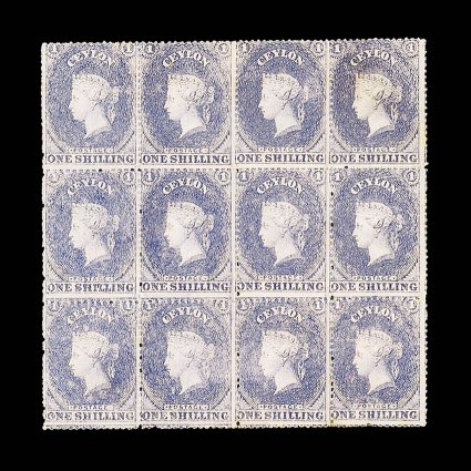 1- slate-violet, a block of twelve (4x3) with large part original gum, very good colour, some perforation reinforcement, otherwise fine. A very rare and choice multiple. Sc. 34
S.G. 35, £2700. provenance: A. Caspary, February 1958