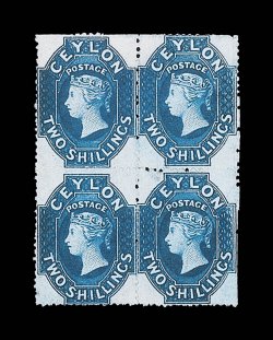 2- deep dull blue block of four, unused without gum, brilliant color, some perfs cut-off and lower right stamp with small thin. A very rare multiple. R.P.S. Certificate (2002).
Sc. 36a S.G. 37a, £3400+. provenance: Baron de Worms, June 1938