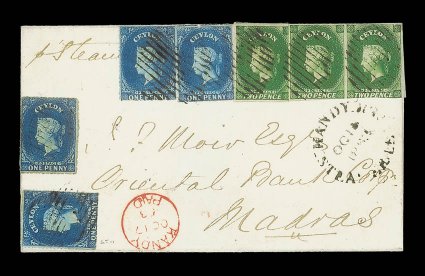 1861 (Oct.) double rate entire from Kandy to Madras, bearing rough perf 1d. dull blue on blued paper (4) with 1857 imperf. 2d. green horizontal strip of three (right stamp
cut-into at foot and with small top right corner defect), each cancelled b