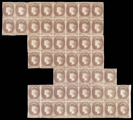 State III: 6d. purple-brown on unwatermarked paper, an irregular and rejoined block of forty-nine with position numbers marked on the reverse of each, comprising blocks of
twenty-four (horizontal crease), fifteen, four (2) and a vertical pair, ma