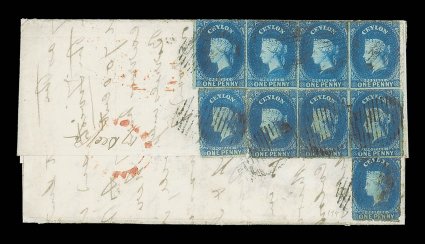 1862 (17 Dec.) entire letter from Matelle to London, marked by Marseilles, bearing on reverse rough perf. 1d. dull blue on blued paper irregular block of seven and two singles
(one with faults), all cancelled by oval of bars, showing poor d