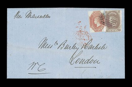 1863 (17 Aug.) entire letter from Colombo to London, marked Via Marseilles, bearing rough perf. 4d. rose-red and 6d. deep brown, both cancelled by oval of bars and showing, on
reverse, colombopaid in red and arrival (14.9) datestamps