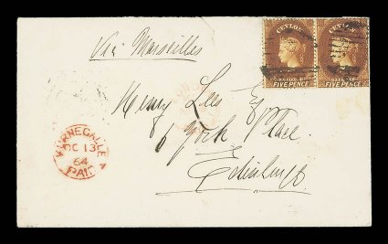 1864 (13 Oct.) envelope from Kurnegalle to Edinburgh, marked Via Marseilles, bearing clean-cut perf. 5d. chestnut pair, both clearly cancelled, showing scarce kurnegallepaid
c.d.s. in red, London Paid transit d.s. (9.11) and, on reve