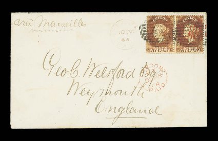 1864 (28 Nov.) envelope ex the Welsford correspondence from Deltota to Weymouth, marked via Marseilles, bearing clean-cut perf. 5d. chestnut pair (crossed by crease splitting
paper in places) tied by oval of bars in black and in red,