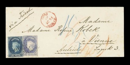 1866 (28 Feb.) envelope from Kandy to Vienna, marked via Triest, bearing rough perf. 1- slate-violet and 1863 CC perf. 12½ 1d. blue, both lightly cancelled by oval of bars,
showing various crayon rate marks, kandypaid c.d.s. and, on