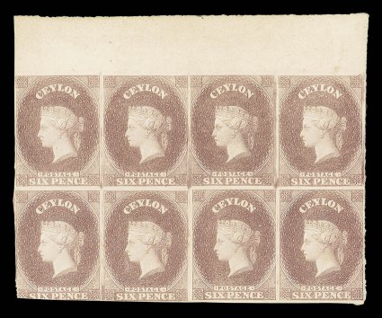 State III: 6d. purple-brown on unwatermarked paper, a block of eight [7-1019-22] with sheet margin at top, [19] with design cut-into on both sides. A fine multiple in the
distinctive plate proof shade.