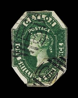 1857 watermark Star, imperf. 19d. green, cut to shape, cancelled by part light strike of the cancelled obliterator towards upper left. This stamp is from position 6 in the
vertical block of six and the lower right corner has been cut away