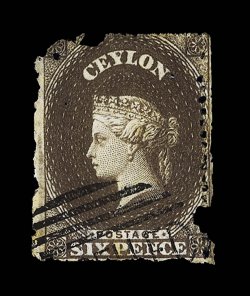 1861-64 watermark Star, intermediate perf. 14 to 15½, 6d. brown cancelled by a large part strike of the cancelled obliterator badly damaged. Extremely rare, one of three
recorded, one of which is in the collection of Her Majesty The Queen.