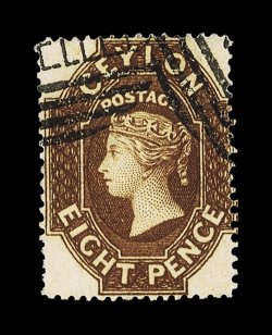 1861-64 watermark Star, intermediate perf. 14 to 15½, 8d. brown, neatly cancelled by two part strikes of cancelled obliterator, good color. Extremely rare, one of three
recorded examples, one of which is in the collection of Her Majesty The