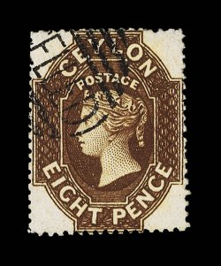 1861-64 watermark Star, intermediate perf. 14 to 15½, 8d. brown, neatly cancelled by part strike of cancelled obliterator, good color and perforations, fine. Extremely rare,
one of three recorded examples, one of which is in the collection