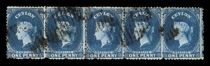 1862 No Watermark, Smooth Paper Issued Stamps Perf. 13, 1d. dull blue horizontal strip of five, cancelled by oval of bars, good color two with pressed creases not affecting
appearance. A very scarce multiple. B.P.A. Certificate (1995). Sc. 39 S