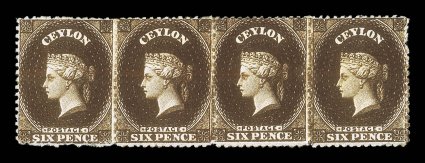 6d. deep brown horizontal strip of four, unused with part original gum, some paper adhering at top, fresh and fine. A scarce multiple. Sc. 41 S.G. 41a, £680+. provenance: R.C.
Agabeg, May 1982