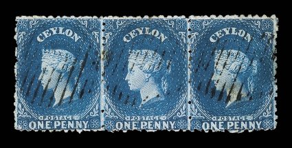1d. dull blue horizontal strip of three, each lightly cancelled by oval of bars, tiny tone spot between first and second stamps, otherwise fine. A scarce multiple. Sc. 44 S.G.
44.