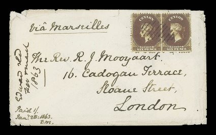 1862 No Watermark, Smooth Paper Covers 1863 (Jan.) envelope ex the Mooyaart correspondence from Colombo to London, marked Via Marseilles, bearing 6d. brown pair centrally
cancelled by oval of bars and showing, on reverse, red despatch