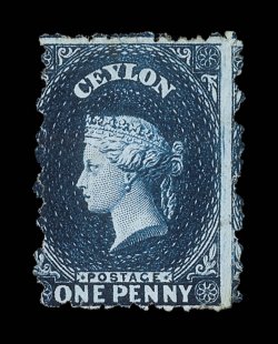 1d. deep blue, unused without gum, centered to lower left, very light tone mark at lower right not affecting appearance, otherwise fine. Extremely rare, only about three unused
examples are recorded in private hands. Sc. 46c S.G. 45, £2500.<
