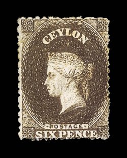6d. sepia, unused with part original gum, fine. Extremely rare, very few recorded. Sc. 53c S.G. 46, £1700. provenance: R.C. Agabeg, May 1982 P.C. Pearson, April
1983