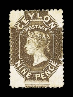 9d. sepia, unused with part original gum, a narrow example showing portion of adjoining stamp at foot, a few shortish perfs and small surface fault at right, otherwise fine.
Very rare. R.P.S. Certificates (1915 and 2007). Sc. 55c S.G. 47, £450