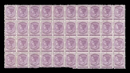 ½d. mauve block of forty (10x4), unused with large part or full original gum, very good color some minor surface abrasions, as is fairly normal with these stamps, and seven
stamps in the bottom row defective. A scarce and stunning multiple. Sc.