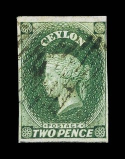 2d. grey-green with watermark inverted, variety imperforate, lightly cancelled tiny tear in margin at left, otherwise fine. Extremely rare, one of two recorded. Unlisted in
Scott S.G. 50a, unpriced. provenance: William Irving