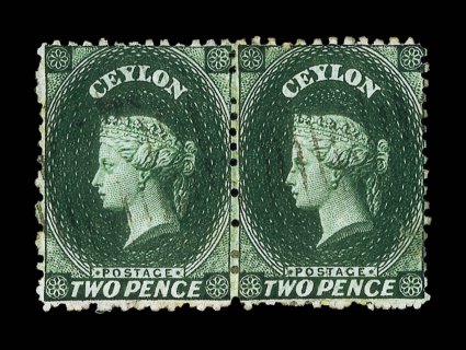 2d. bottle-green horizontal pair of lovely distinctive color, lightly cancelled a few faint age stains and small closed tear at lower right, otherwise fine. Extremely rare,
only two used pairs and five singles recorded. R.P.S. Certificate (1