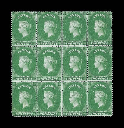 2d. emerald with normal watermark reversed, a marvelous block of twelve (4x3), unused with large part or full original gum, the top right stamp defective otherwise fine. A very
rare multiple. Sc. 48 S.G. 50e, £1920. provenance: Sir Ernest de