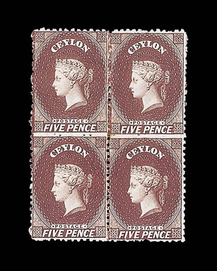 5d. red-brown block of four, fine unused with part or large part original gum. Sc. 51 S.G. 53, £900+. provenance: Sir Ernest de Silva, January 1959
