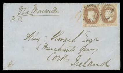 1858 (7 Aug.) double rate envelope to Cork, incorrectly marked Via Marseilles, bearing 6d. purple-brown pair with good to large margins, lightly cancelled by oval of bars and
showing, on reverse, indistinct Ceylon datestamp and large part a