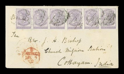 1868 (Mar.) envelope from Jaffna to Cottayam, bearing two ½d. dull mauve strips of three, each with manuscript date and cancelled by oval of bars, showing transit d.s. in red
below and, on reverse, despatch, Madura and Palmcottah datestamps. A ra