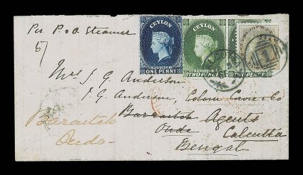 1865 envelope (opened-out) to Bengal, marked Per P.&O. Steamer, bearing uncancelled 1d. deep blue and 2d. grey-green pair, upon arrival the envelope redirected to Calcutta and
then back to Bengal, India 1a. brown affixed over one 2d. for re