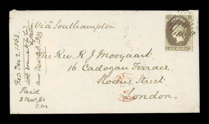 1863 (3 Nov.) envelope ex the Mooyaart correspondence from Galle to London, marked Via Southampton, bearing 6d. sepia tied by oval of bars, showing legible gallepaid c.d.s. in
red with clear arrival datestamp (2.12) on reverse