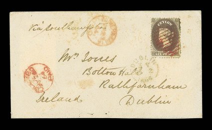1864 (July) envelope from Nuweraellia to Dublin, marked Via Southampton, bearing 6d. sepia cancelled by oval of bars in red, showing nuweraelliapaid and Colombo datestamps in
red, arrival c.d.s. (2.9) and, on reverse, h&k pact