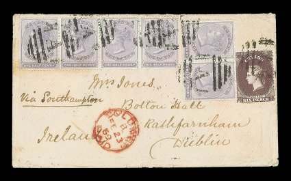 1869 (23 Feb.) envelope from Colombo to Dublin, marked Via Southampton, bearing ½d. dull mauve strip of four and a pair, and 6d. blackish brown, all cancelled by A obliterator,
showing colombopaid c.d.s. in red and, on reverse, 
