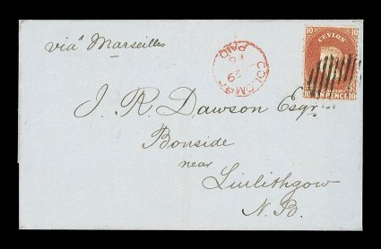 1866 (29 Jan.) entire ex the Dawson correspondence from Colombo to Linlithgow, marked via Marseilles, bearing 10d. vermilion tied by oval of bars, showing colombopaid c.d.s. in
red alongside and arrival datestamp (28.2) on reve