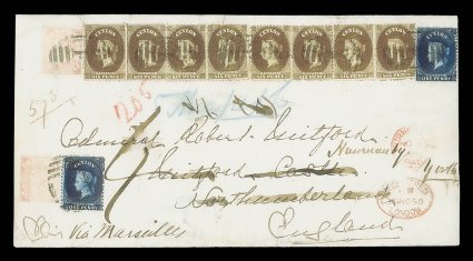 1868 (3 Nov.) quadruple rate envelope registered from Kurnegalle to Northumberland and redirected to York, marked Via Marseilles, bearing 1d. deep blue (2), four 6d. sepia
pairs and 1867 3d. carmine-rose (2, both faded), all cancelled by E